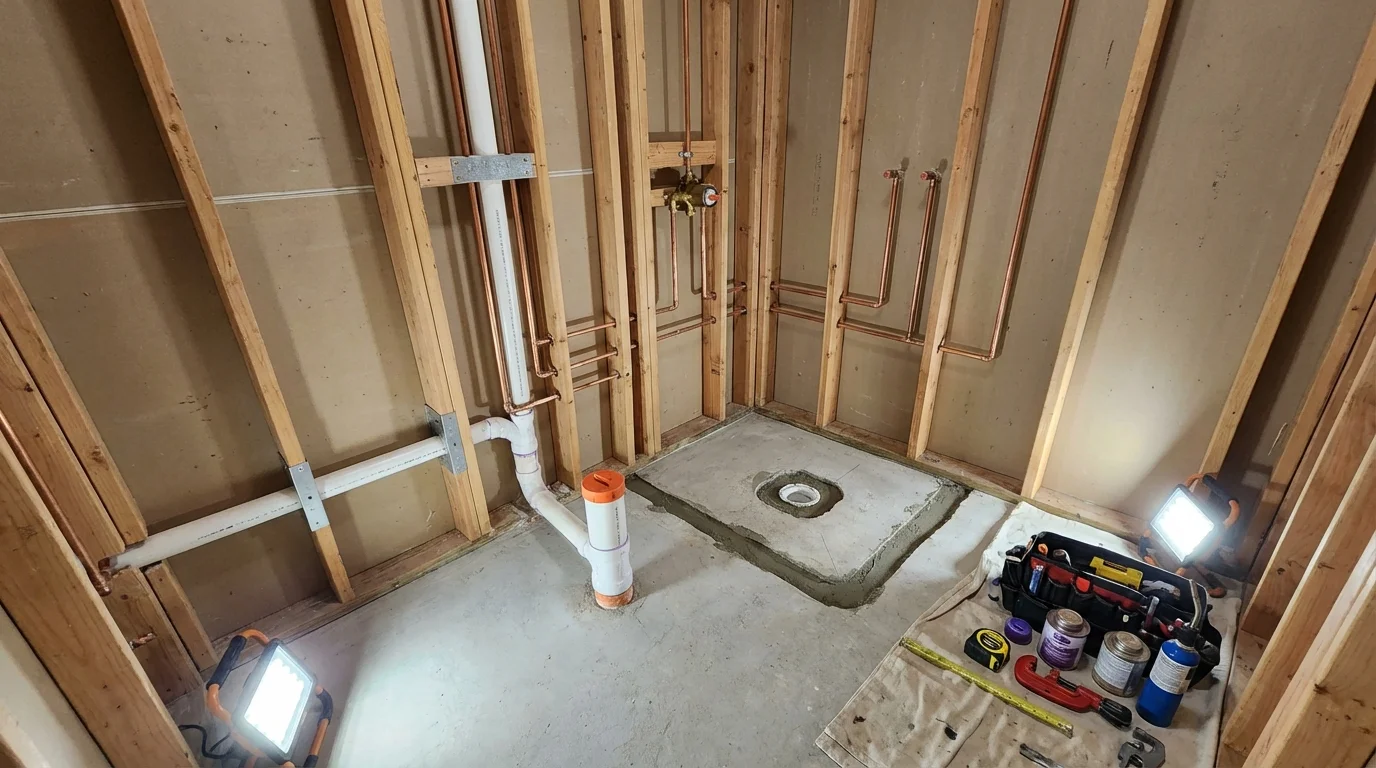 Bathroom rough-in plumbing during remodel by Johns Plumbing LLC in Saint Simons Island