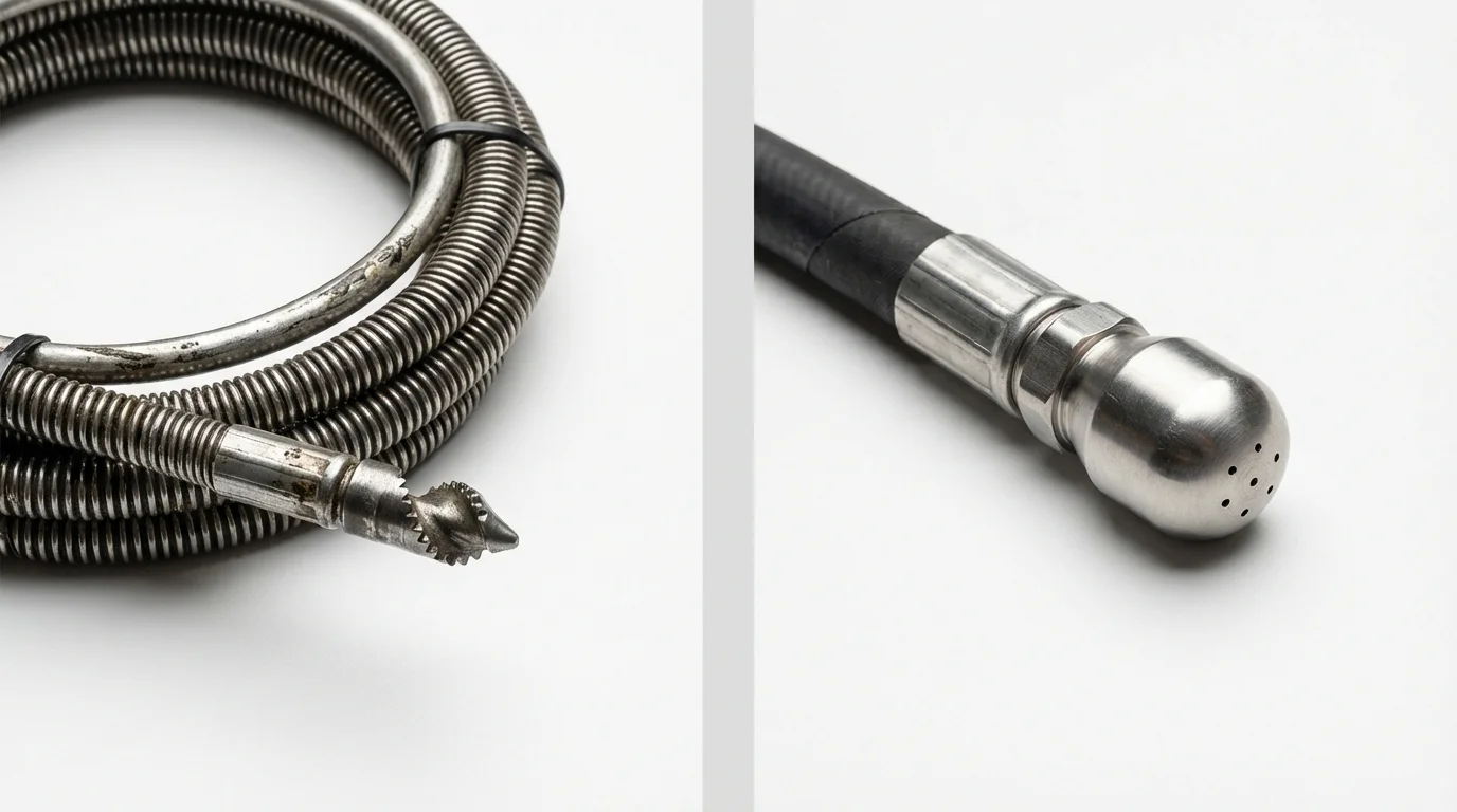Drain snake cable and hydro jetting nozzle used for drain cleaning in Saint Simons Island, GA