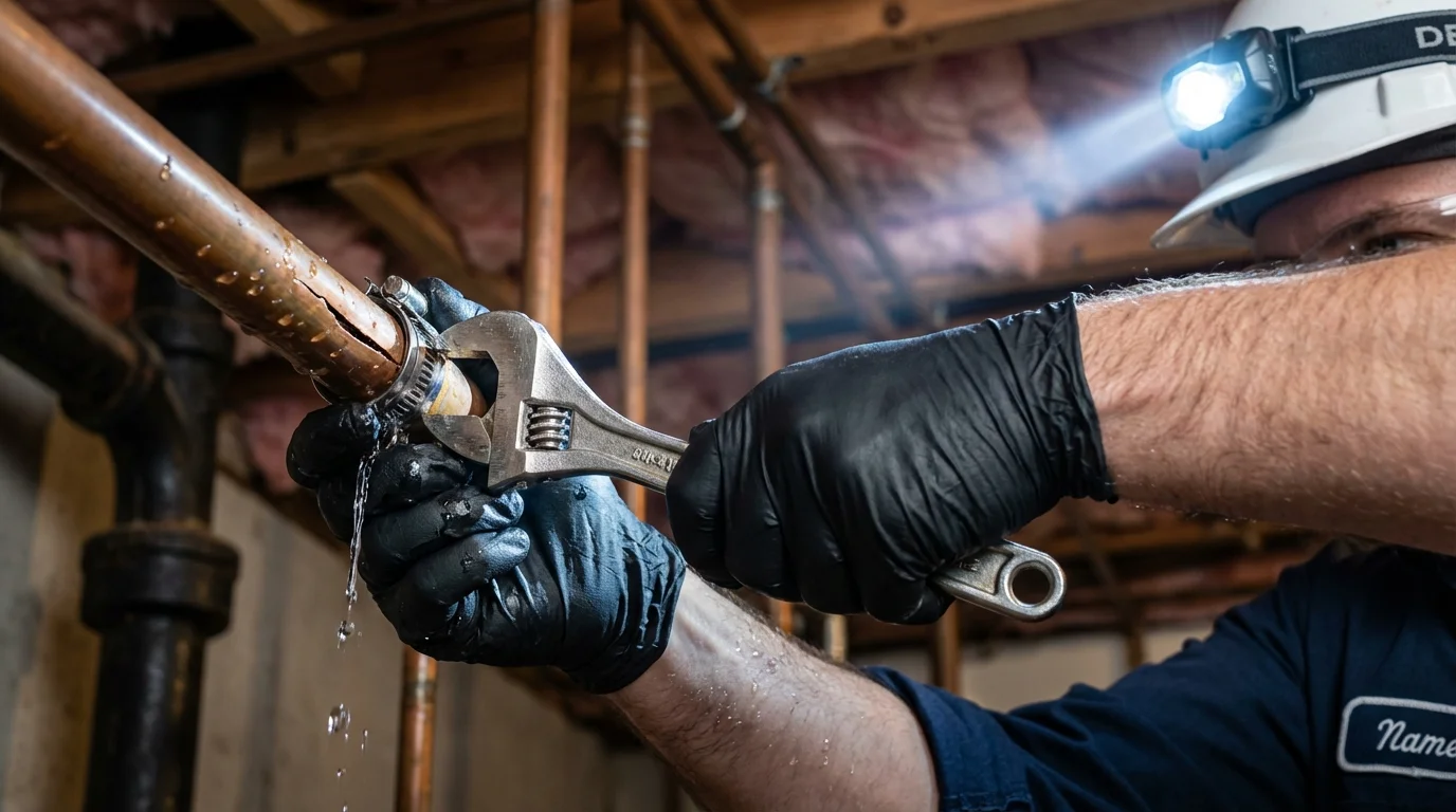 Emergency pipe clamp repair being performed by a Johns Plumbing LLC plumber in Saint Simons Island