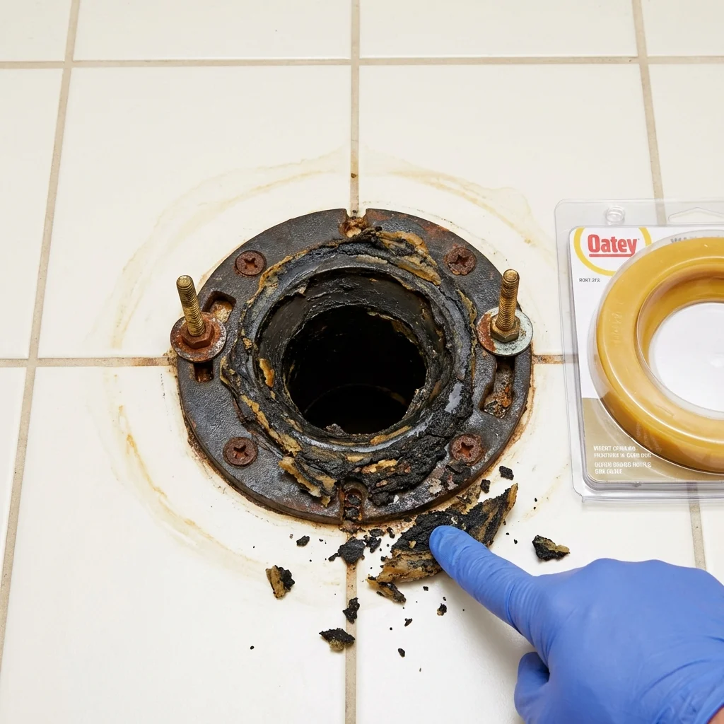 Failed wax ring showing water seepage at the base of a toilet in a Saint Simons Island, GA home